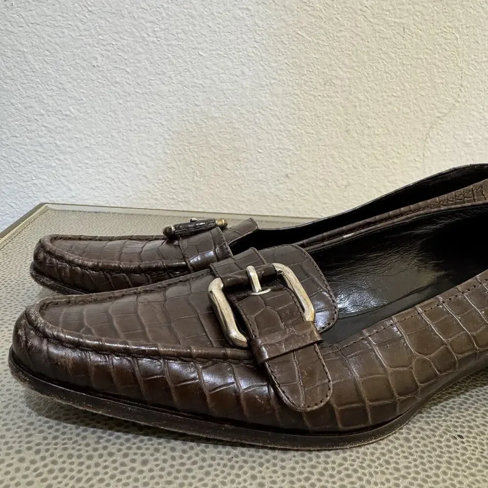 Prada 90s Y2K VTG Brown Croc Pattern Buckle Kitten Heels Pumps Shoes 37.5 7.5